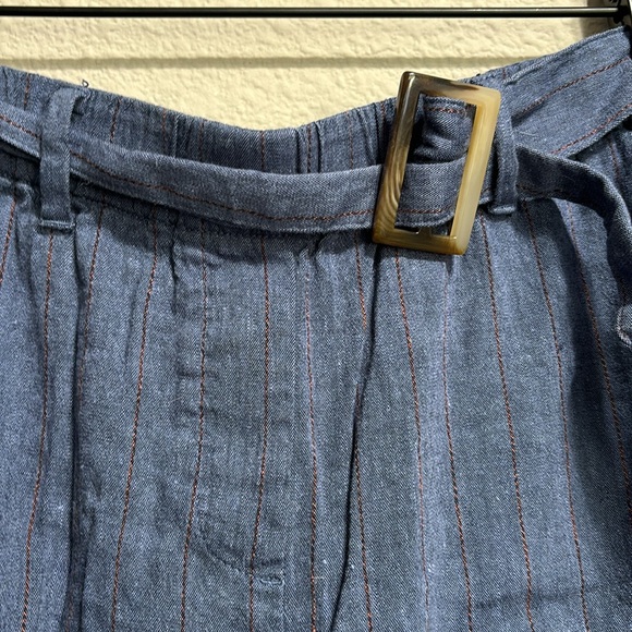 J Jill Linen Stretch Blue Denim pinstriped orange Small waist tie paperbag pants - Picture 6 of 8